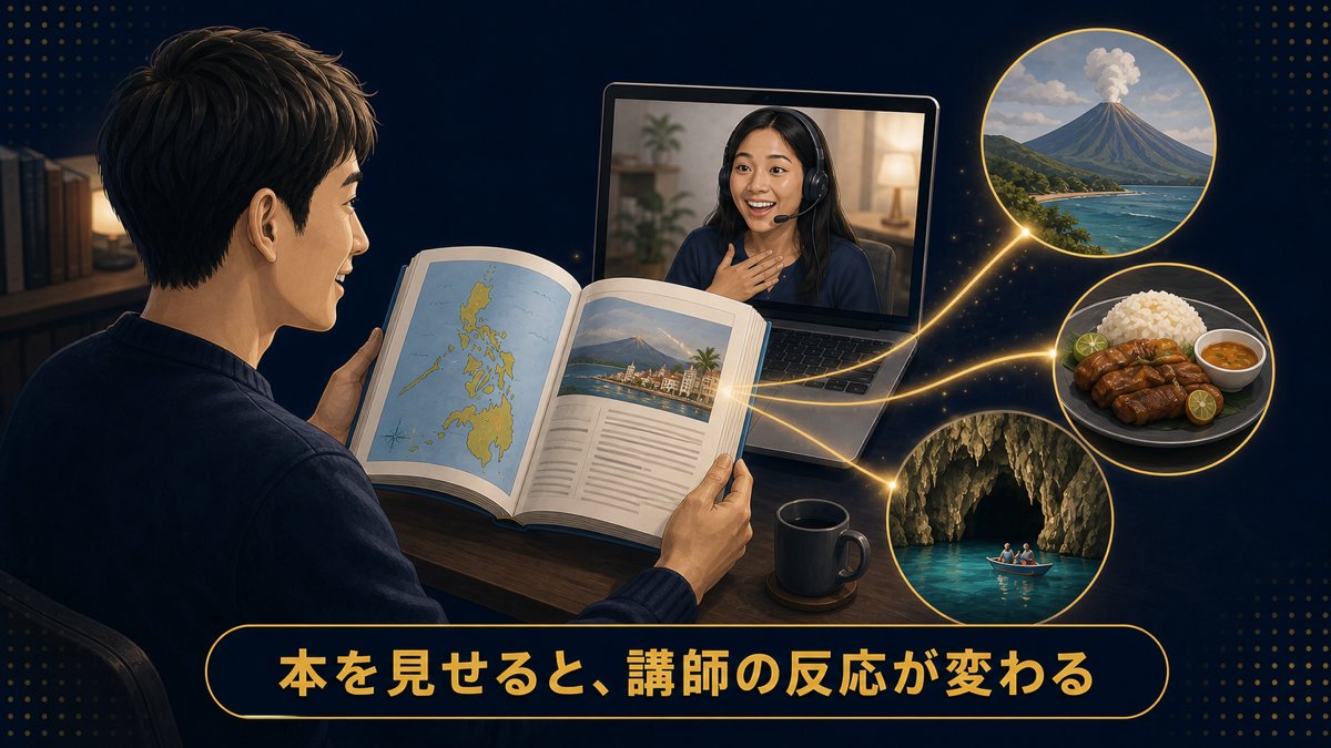 レッスン中にガイドブックをカメラへ映して、講師に見せている様子